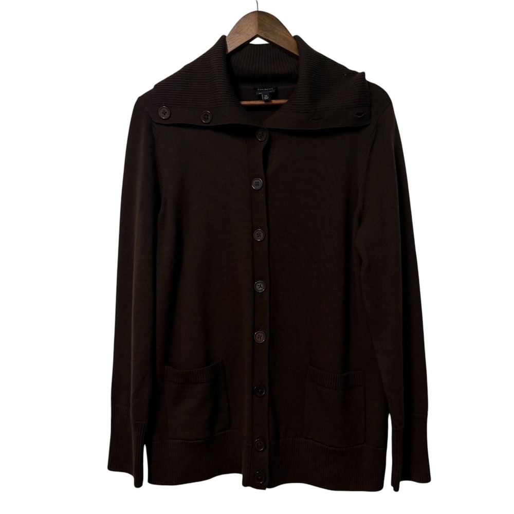 Talbots Cardigan Women XL Brown Merino Wool Portrait Collar Button Front Pockets